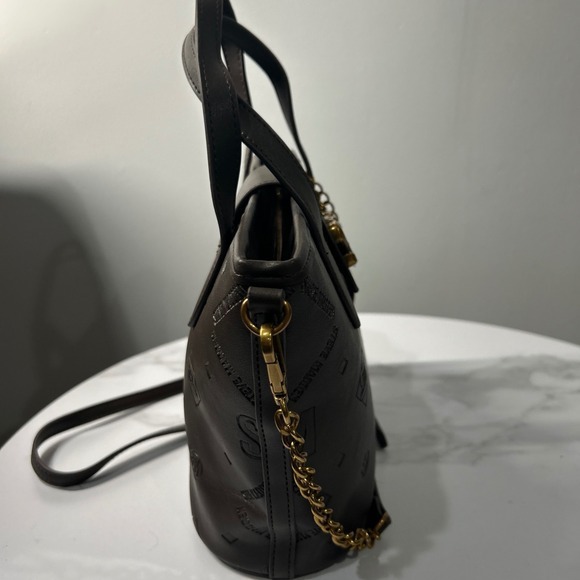 Steve Madden Satchel Bucket Bag Purse Brown Embossed Logo Chain Accent‎ - Picture 14 of 16